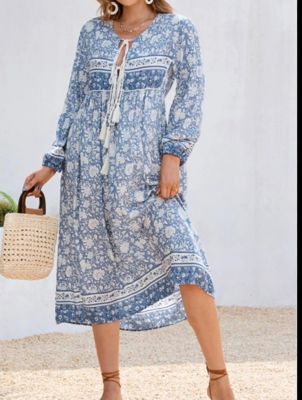 Blue Floral Midi Dress with Tassel Tie - Picture 12 of 15